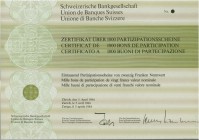 SCHWEIZ. Banken, Finanz und Versicherungen. Schweizerische Bankgesellschaft. Zertifikat 1000 Partizipationsscheine, 1984, Zürich. Blankett, olivgrün. ...