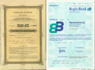 SCHWEIZ. Banken, Finanz und Versicherungen. Lot. 6 Schweizer Bankpapiere: a) Regiobank beider Basel 1994, b) Banque d'Escompte Suisse 1931, c) Solo­th...