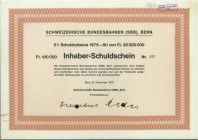 SCHWEIZ. Eisenbahnen / Bergbahnen / Trams etc. Schweizerische Bundesbahnen. Schuldschein Fr. 100'000.-, 1975, Bern. Nummer 1. Auflage nur 300 Stück. F...