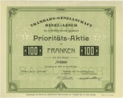 SCHWEIZ. Eisenbahnen / Bergbahnen / Trams etc. Trambahn-Gesellschaft Basel-Aesch. Prioritätsaktie Fr. 100.-, 1926, Reinach. Jugendstil-Rand mit "Basel...