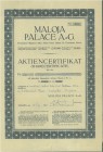 SCHWEIZ. Hotels & Tourismus. Maloja Palace AG. Zertifikat 10 Stammaktien zu je Fr. 1.-, 1925, Maloja. Blau. Nadeleinstiche oben links und Einrisse am ...