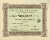 SCHWEIZ. Industrie / Energie. Briefmarken-Automaten-Gesellschaft Plüss. Anteilschein Fr. 100.-, 1907, Zürich. Sehr schön / Very fine.
Die Gesellschaf...