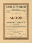 SCHWEIZ. Industrie / Energie. Fabrique de Condensateurs et d'Appareils Electriques SA. Aktie Fr. 500.-, 1934, Neuchâtel. Vorzüglich / Extremely fine....