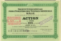 SCHWEIZ. Industrie / Energie. Société Internationale pour l'Industrie des Textiles artificiels. Aktie Fr. 100.-, 1927, Basel. Oben links kleine Nadele...