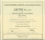 SCHWEIZ. Industrie / Energie. Schuhfabrik Liestal AG. Aktie Fr. 1000.-, 1929, Liestal. Vorzüglich / Extremely fine.
1871 wurde diese Gesellschaft unt...