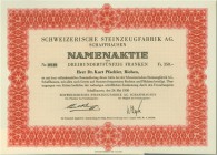 SCHWEIZ. Industrie / Energie. Schweizerische Steinzeugfabrik AG. Namenaktie Fr. 350.-, 1950, Schaffhausen. Selten / Rare. Vorzüglich / Extremely fine....