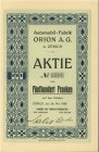 SCHWEIZ. Transport (Automobil / Aviatik / Schifffahrt etc.). Automobil-Fabrik Orion AG. Aktie Fr. 500.-, 1908, Zürich. Kleinformatiger Titel. Mit Druc...