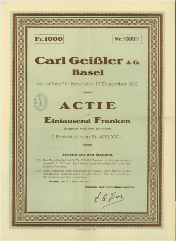 SCHWEIZ. Diverse. Carl Geissler AG. Aktie Fr. 100.-, 1917, Basel. II. Emission. ...