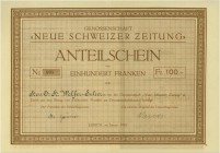 SCHWEIZ. Diverse. Genossenschaft "Neue Schweizer Zeitung". Anteilschein Fr. 100.-, 1919, Zürich. Der Titel ist ausgestellt auf den späteren Verwaltung...