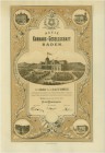 SCHWEIZ. Diverse. Kurhaus-Gesellschaft Baden. Aktie Fr. 200.-, 1874, Baden. Mit ungewöhnlich grosser Abbildung des Kurhauses in Baden, links die Stadt...