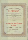 SCHWEIZ. Diverse. SA F. Orengo Commission-Courtage et Consignation en Vins. Aktie Fr. 100.-, 1913, Genève. Vorzüglich / Extremely fine.