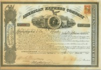 USA. American Express Company. Share Certificate, 186(6), New York. Bahnhof- und Hafenszene mit Hunde­kopf und Gesellschaftsmotto "Safety & Dispatch"....
