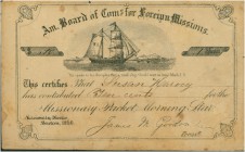 USA. Am. Board of Coms for Foreign Missions. 1856, Boston. Spendenbescheinigung von $0.1 bzw. 1 "Aktie" für das Schiff Morning Star. Mit dem Bibelzita...