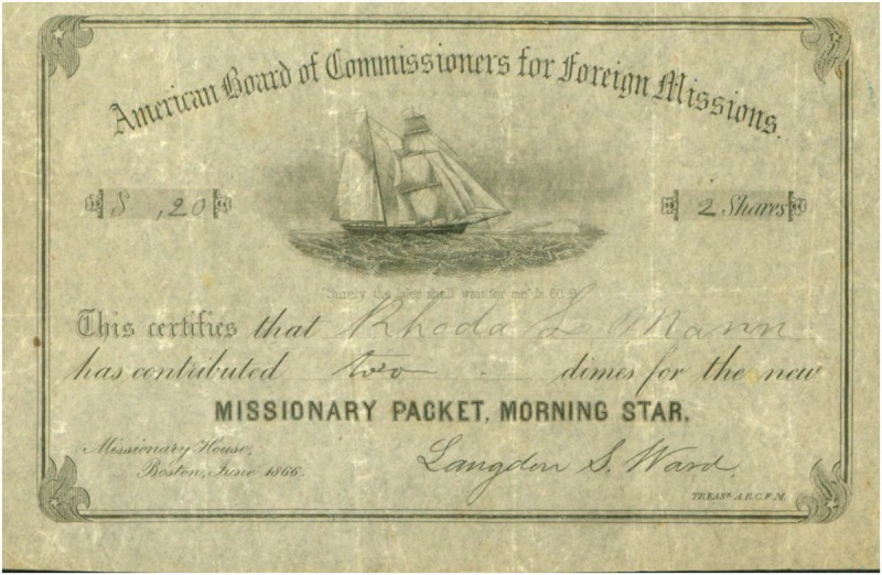 USA. Am. Board of Coms for Foreign Missions. 1866, Boston. Spendenbescheinigung ...