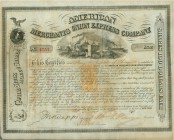 USA. American Merchants Union Express Co. Share Certificate, 186(9), New York. Abbildung Bahnhof mit Vierspänner der Gesellschaft. Mit Steuerstempel. ...
