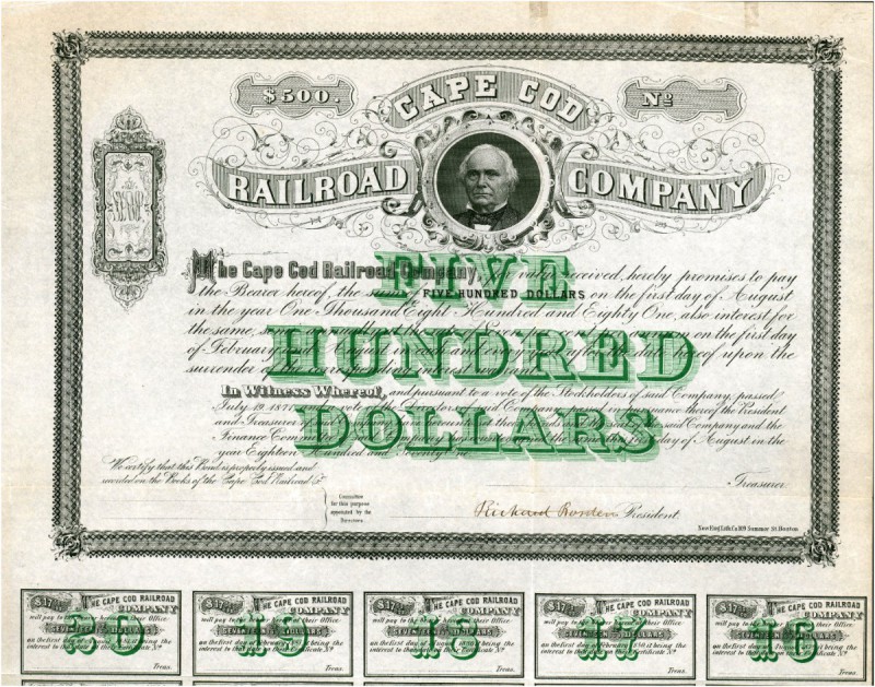 USA. Eisenbahnen. Cape Cod Railroad Company. Bond $500, 1871. Grossformatiger Ti...