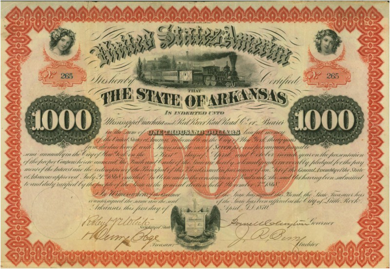 USA. Eisenbahnen. The State of Arkansas indebted unto Mississippi, Ouachita and ...
