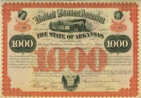 USA. Eisenbahnen. The State of Arkansas indebted unto Mississippi, Ouachita and Red River Railroad Co. Bond $1000, 1870, Little Rock. Prächtiger Titel...