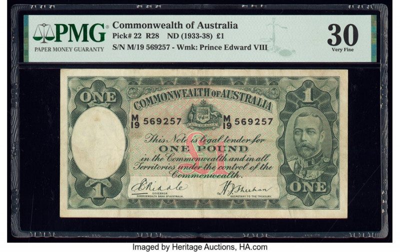 Australia Commonwealth Bank of Australia 1 Pound ND (1933-38) Pick 22 R28 PMG Ve...