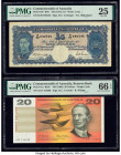 Australia Commonwealth Bank of Australia 5 Pounds; 20 Dollars ND (1941); ND (1966) Pick 27b; 41a R46; R401 Two Examples PMG Very Fine 25; Gem Uncircul...