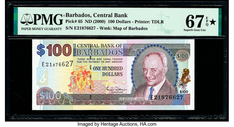 Barbados Central Bank 100 Dollars ND (2000) Pick 65 PMG Superb Gem Unc 67 EPQ S....