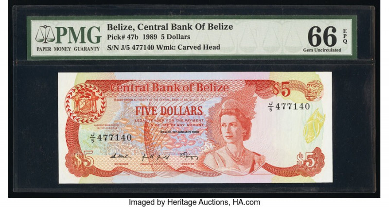 Belize Central Bank 5 Dollars 1.1.1989 Pick 47b PMG Gem Uncirculated 66 EPQ. 

H...