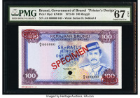 Brunei Government of Brunei 100 Ringgit 1988 Pick 10s Specimen PMG Superb Gem Unc 67 EPQ. Red TDLR & Specimen overprints along with one POC.

HID09801...