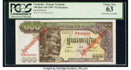 Cambodia Banque Nationale du Cambodge 100 Riels ND (1957-75) Pick 8s Specimen PCGS Choice New 63. Red overprints & roulette Specimen punch.

HID098012...