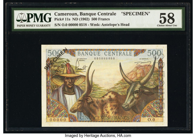 Cameroon Banque Centrale 500 Francs ND (1962) Pick 11s Specimen PMG Choice About...
