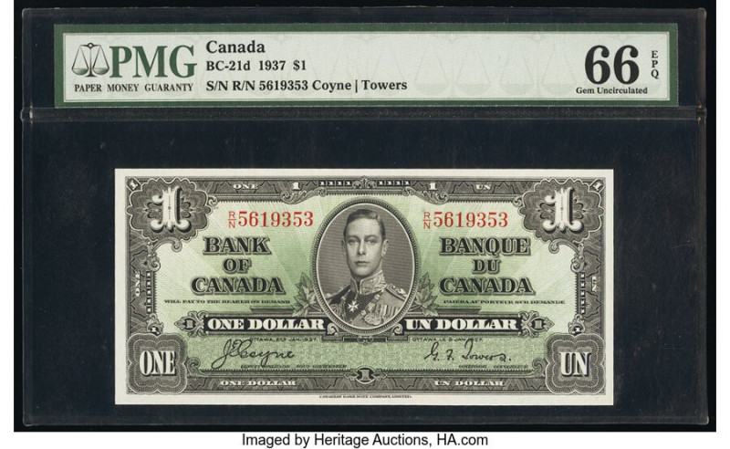 Canada Bank of Canada $1 2.1.1937 Pick 58d BC-21d PMG Gem Uncirculated 66 EPQ. 
...