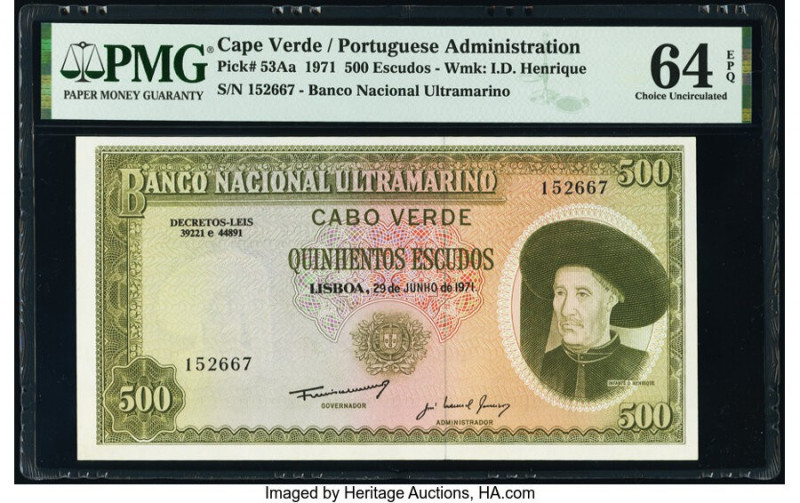 Cape Verde Banco Nacional Ultramarino 500 Escudos 29.7.1971 Pick 53Aa PMG Choice...