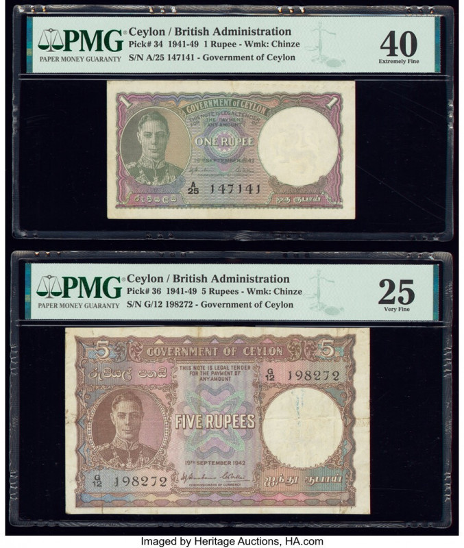 Ceylon Government of Ceylon 1; 5 Rupees 19.9.1942 Pick 34; 36 Two Examples PMG E...