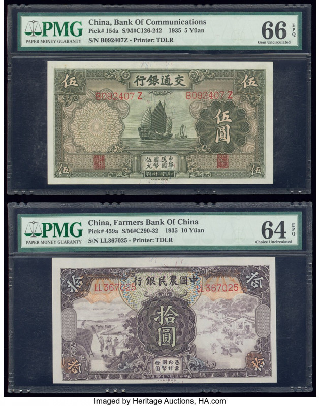 China Bank of Communications; Farmers Bank 5; 10 Yuan 1935 Pick 154a; 459a Two E...