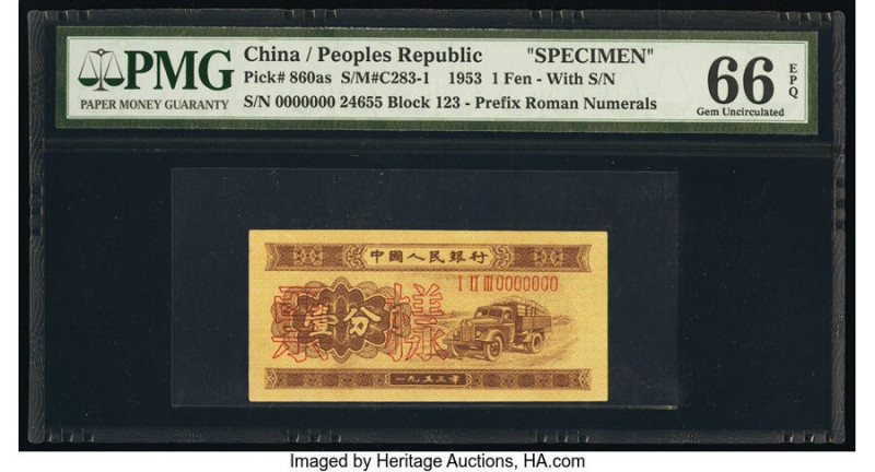 China People's Bank of China 1 Fen 1953 Pick 860as Specimen PMG Gem Uncirculated...