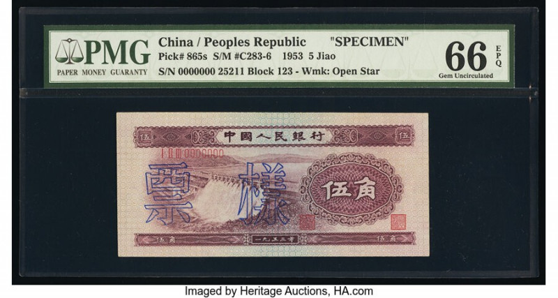 China People's Bank of China 5 Jiao 1953 Pick 865s S/M#C283-6 Specimen PMG Gem U...