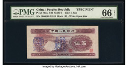 China People's Bank of China 5 Jiao 1953 Pick 865s S/M#C283-6 Specimen PMG Gem Uncirculated 66 EPQ. Overprints are seen on this example.

HID098012420...