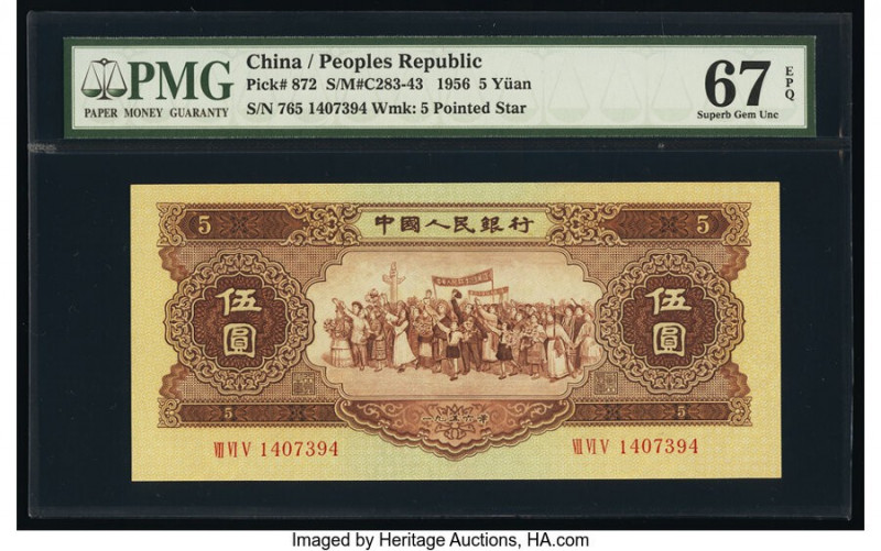 China People's Bank of China 5 Yuan 1956 Pick 872 S/M#C283-43 PMG Superb Gem Unc...