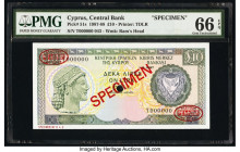 Cyprus Central Bank of Cyprus 10 Pounds 1.4.1987 Pick 51s Specimen PMG Gem Uncirculated 66 EPQ. Red Specimen & TDLR overprints along with one POC.

HI...