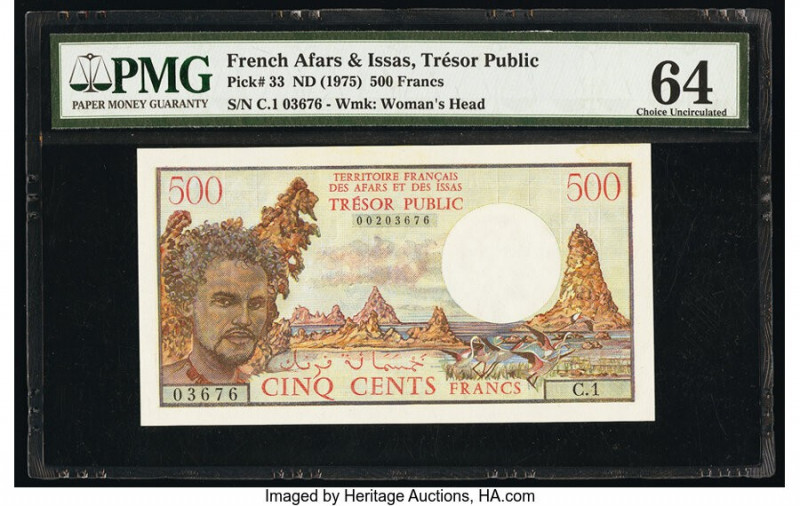 French Afars & Issas Tresor Public 500 Francs ND (1975) Pick 33 PMG Choice Uncir...
