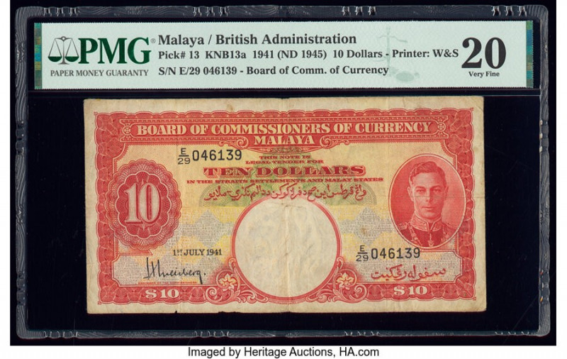 Malaya Board of Commissioners of Currency 10 Dollars 1.7.1941 (ND 1945) Pick 13 ...