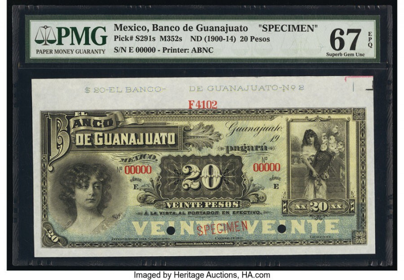 Mexico Banco de Guanajuato 20 Pesos ND (1900-14) Pick S291s M352s Specimen PMG S...
