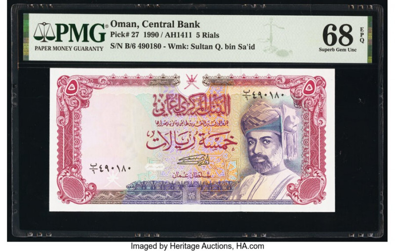 Oman Central Bank of Oman 5 Rials 1990 / AH1411 Pick 27 PMG Superb Gem Unc 68 EP...