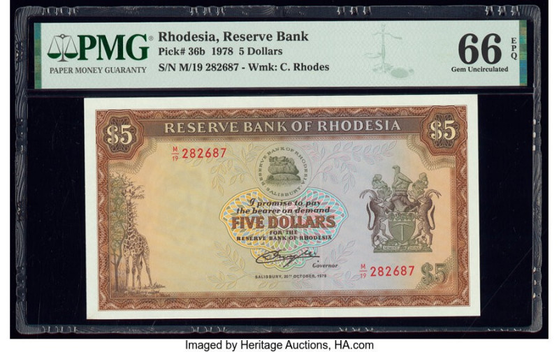 Rhodesia Reserve Bank of Rhodesia 5 Dollars 20.10.1978 Pick 36b PMG Gem Uncircul...