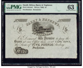 South Africa Montagu Bank; Barry & Nephews 5 Pounds ND (ca. 1860); ND (ca. 1850) Pick S231r; UNL Two Remainders PMG About Uncirculated 55; Choice Unci...