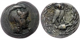 ATTICA. Athens. Tetradrachm (142/1 BC). New Style Coinage. Deme- and Hiero-, magistrates.
Obv: Helmeted head of Athena right.
Rev: A - ΘE / ΔΗ / ΜΗ - ...