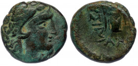 Lysimachia, Thrace, 309-220 BC. AE
Head of Herakles right wearing lionskin headdress.
Rev: LYSIMAXEWN, Nike standing left,
BMC 5; Moushmov 5499.
4...