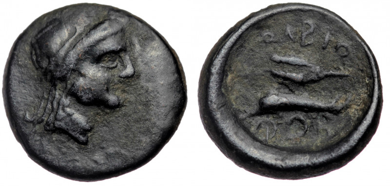 Skythia, Olbia Circa 350-300 BC. AE
Laureate head of Apollo right.
Rev: Dolphin ...