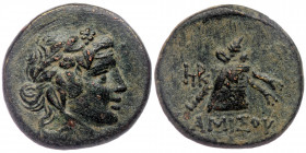 PONTOS. Amisos. Time of Mithradates VI Eupator, circa 100-85 BC. AE
Head of Dionysos to right, wearing wreath of ivy and fruit.
Rev. AMIΣOY Panther sk...