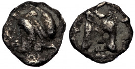 Asia minor uncertain. Hemiobol mid 5th century BC. AR
Apollo? head left
Rev: Head of a bull to right
0.26 gr, 8 mm