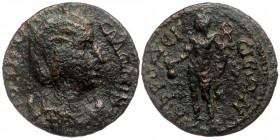 Salonina (wife of Gallienus) of Aphrodisias, Caria. AD 254-268. AE
(….) CAΛΩNINA / Diademed and draped bust right, 
Rev: AΦPOΔICIЄΩN/ Hermes standing ...